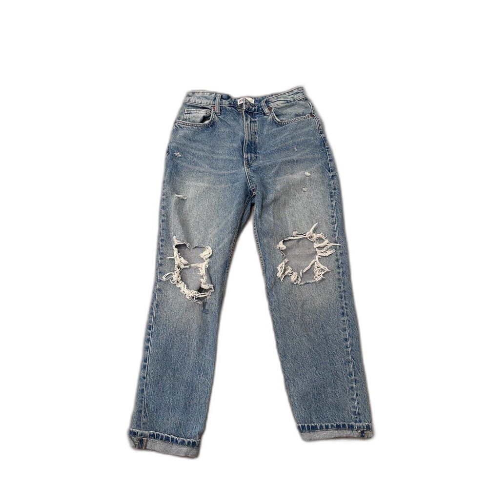 ZARA High Rise Distressed Mom Jeans Size 6 EUR 38 Ripped Knee 100% Cotton